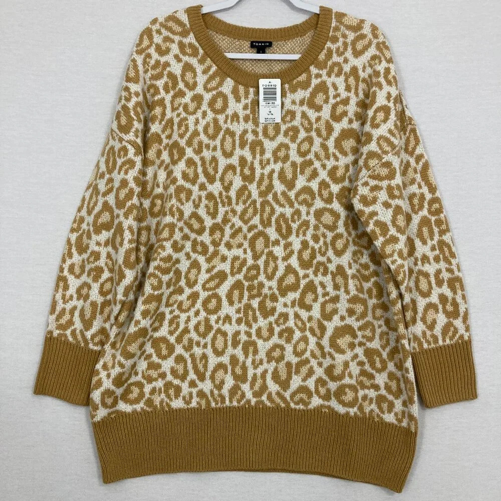 New Torrid Leopard Print Crew Neck Drop Shoulder Long Sweater size‎ 1X